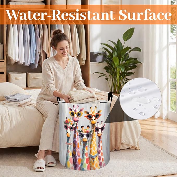 Cute Giraffe Laundry Basket, Colorful Animal Sunglasses Oxford Cloth Dirty Clothes Collapsible Hamper for Room Decor, Safari Gifts, Toy Organizer 19.7 x 15.7 Inches for Bedroom Bathroom Dorm