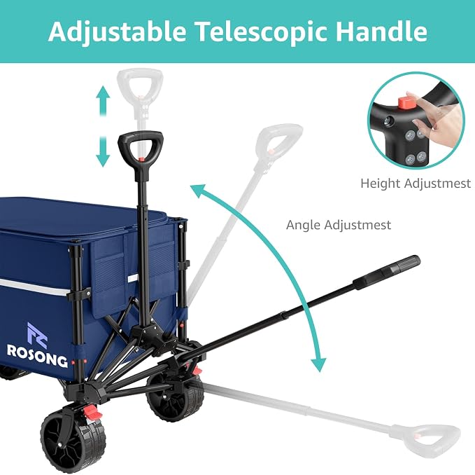 ROSONG Collapsible Wagon Cart with Wheels Foldable - Folding Utility Heavy Duty Wagons Carts for Grocery Sports Garden Shopping Camping Wheelbarrows (120L Dark Blue with Lid)