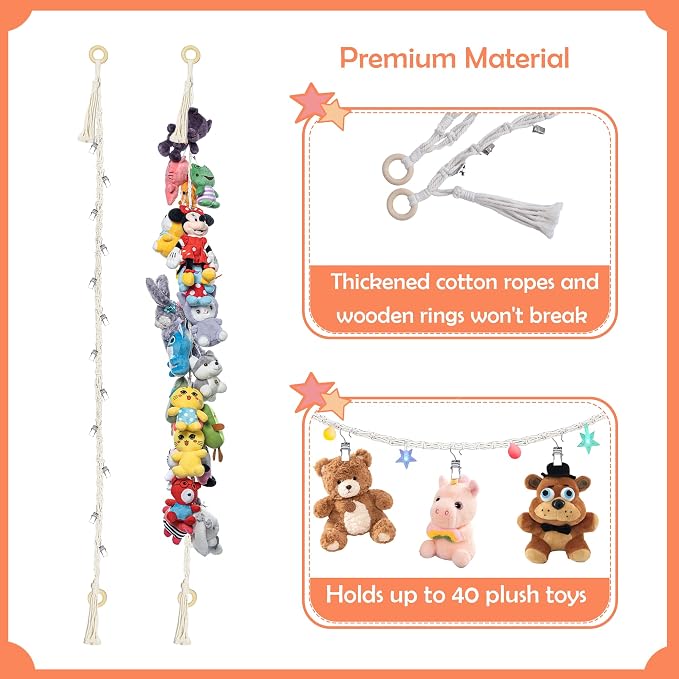 80" 4 Pack Cotton Hanging Storage Chain for Stuffed Animals Storage with 4 Pcs Led Light 40 Metal Clips Stuffed Animal Organizer Chain for Wall Corner Nursery Play Room (4PcsWhite)