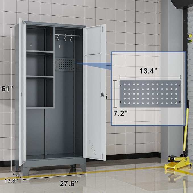 61" Metal Storage Cabinet with Lockable Doors, Cleaning Supply Cabinet with Pegboard and Hanging Rod. Garage Tool Storage Cabinets for Home, Laundry, Office, Home Kitchen Utility Cabinet