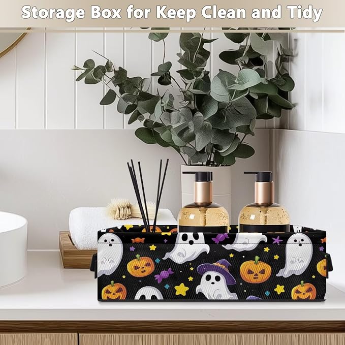 Halloween Ghost Pumpkin Toilet Paper Basket with Handle, Decorative Toilet Tank Topper Basket with Handle for Countertop Shelves, Bathroom Bedroom Living Room Decor