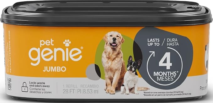 Pet Genie Refill Bags | Jumbo 1-Pack, 28 Total ft | Up to 4 Months of Supply in 1 Cartridge | Ultimate Odor Control Dog Poop Bags