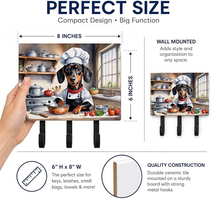 Caroline's Treasures Dachshund The Chef Leash or Key Holder Wall Hooks, Key Hooks Holder, Coat Rack Wall Mount, Coat Hooks, Hooks for Hanging Keys, Towels, Aprons, Leashes | Dachshund The Chef artwork on ceramic tile with three steel hooks for keys, le...