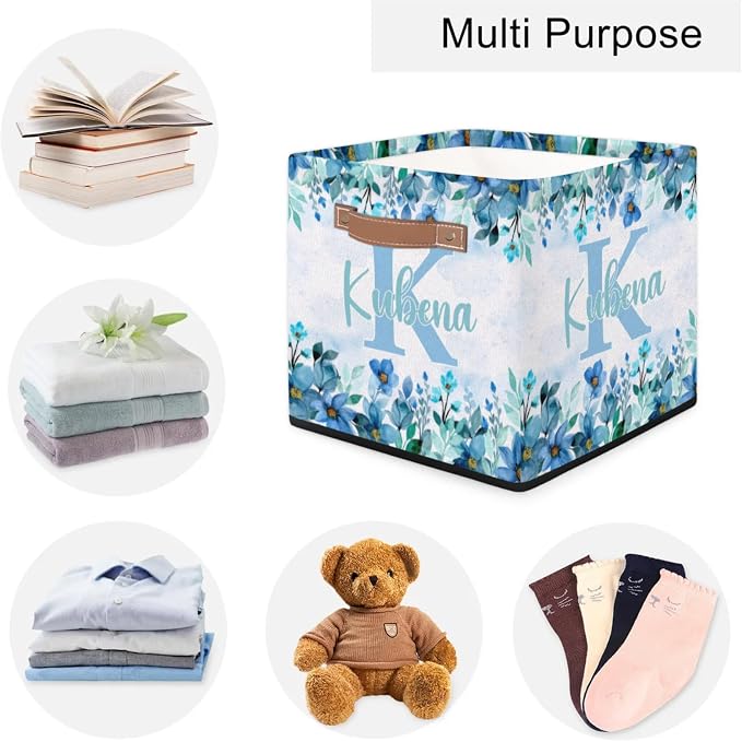 Personalized Name-Initial Blue Flower Storage Baskets for Girls Women, Custom Portable Square Storage Bins with Handles Foldable Organizer for Clothes, Toys, Blanket, Towel,Pet 13”