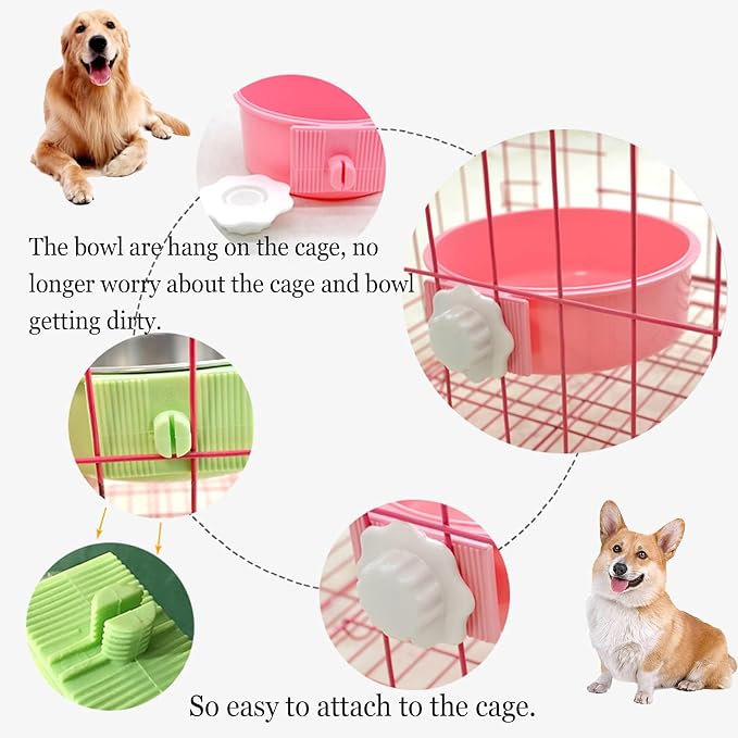 kathson Crate Dog Bowl, Removable Stainless Steel Hanging Pet Cage Bowl Food & Water Feeder Coop Cup for Cat, Puppy, Birds, Rats, Guinea Pigs (6 PCS, Size: M, 2×Blue,2×Green,2×Pink) (Pack of 2)