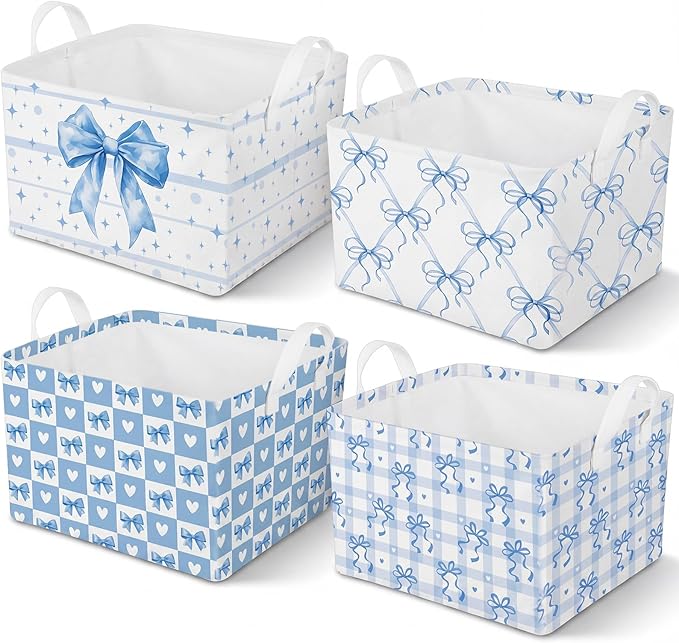 4pcs 4 Pcs Blue Bow Storage Basket for Gifts Collapsible Girls Coqutte Blue Storage Bins with Handle Cute Preppy Foldable Laundry Organizer for Home Bathroom Bedrooms Baby Clothes Toys Books