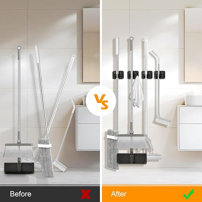 4 Pack Stainless Steel Heavy Duty Broom Holder Wall Mount with Hook, Black | Screw Drilling Broom and Mop Organizer Wall Hanging, Storage Rack for Laundry Garage Closet Garden Tool Organizer