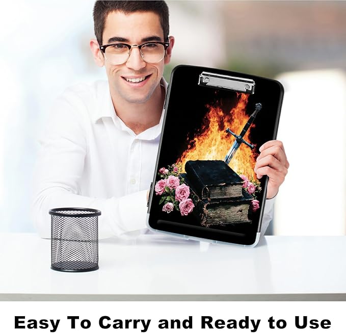 A4 Clipboard with Storage Pen Holder, Clipboards Organizer Nursing Clipboard Foldable File Folder Plastic Clipboard Folio Clip Board for Office Work Classroom Doctor, Flame Book Rose