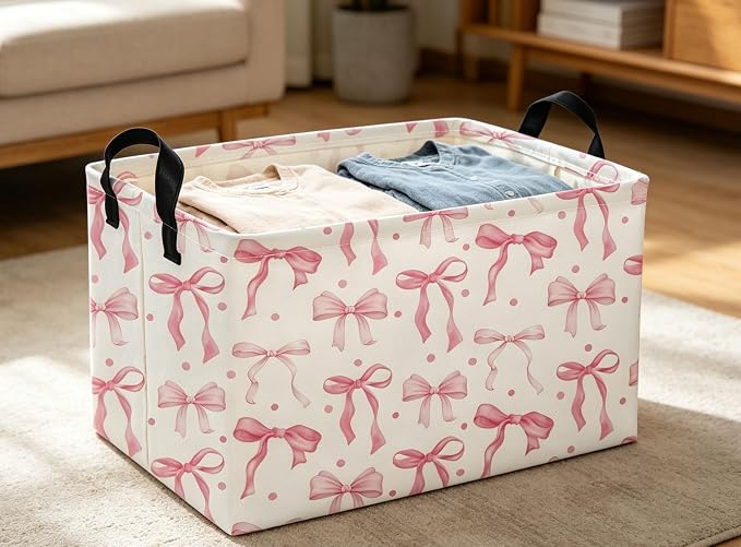 Pink Baskets Girls Basket Rectangular Cute Storage Bin for Room Decor(Pink bownot)