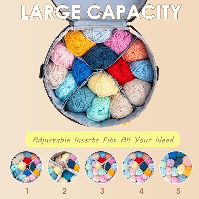 Expandable Crochet Bag Organizer, Yarn Knitting Storage, White | Sturdy Light Yarn Tote, Multiple Pockets and Yarn Holes, with Accessories Pouch shoulder strap, Portable, Gift for Crafters