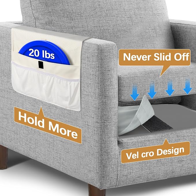 WOMACO Sofa Armrest Remote Magazine Holder, Non-Slip Armchair Recliner Caddy, Couch Arms TV Remote Control Organizer for Tablet, Phone, iPad, Laptop (Ivory, 16" x 35")