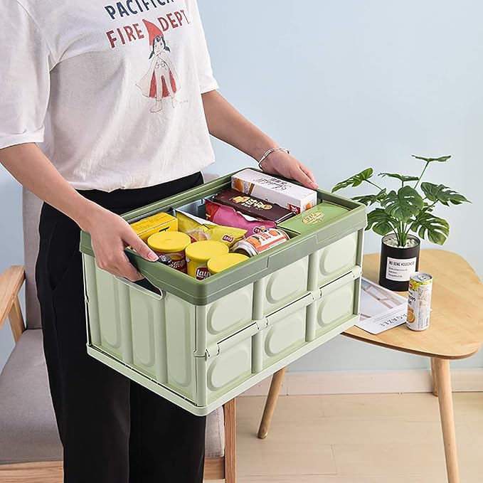 Lidded Storage Bins 2 Pack 30L Collapsible Storage Box Crates Plastic Tote Storage Box Container Stackable Folding Utility Crates for Clothes Books Snack Shoe Bag and Grocery Storage Bin-Green