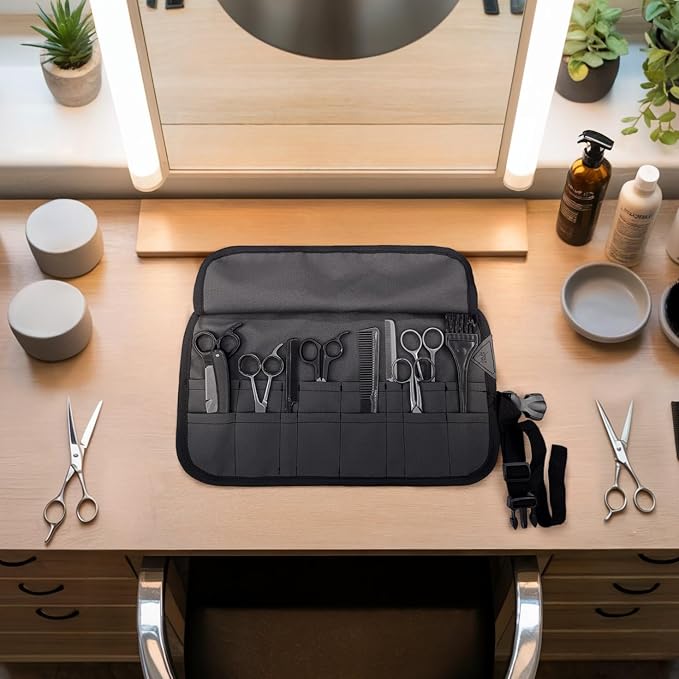 Under NY Sky Scissors Roll Up Case For Salon Hair Cutting Shears, Grey | Professional Oxford Canvas Pouch Case, Portable Storage Organizer for Salon Tools, Hair Stylists, Barbers & Hairdressers