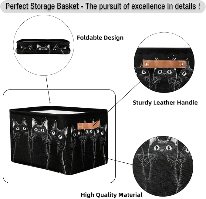 Curious Black Cats Storage Boxes Theme Storage Nursery Baskets with Handle Closet Collapsible Organizer Shelf Bins for Book Cloth 15 X 11 X 9.5 IN