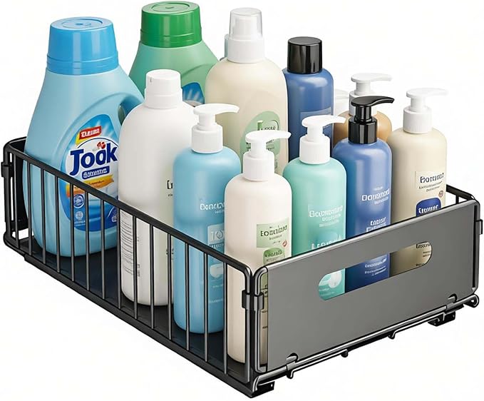 Slide-Out Storage Organizer 9.6"x14.8"x4" Matte Black Rustproof Carbon Steel Pull Out drawer Tray with Adhesive Taps and Screw Installation for Bathroom Cabinet,Under Sink, Dresser