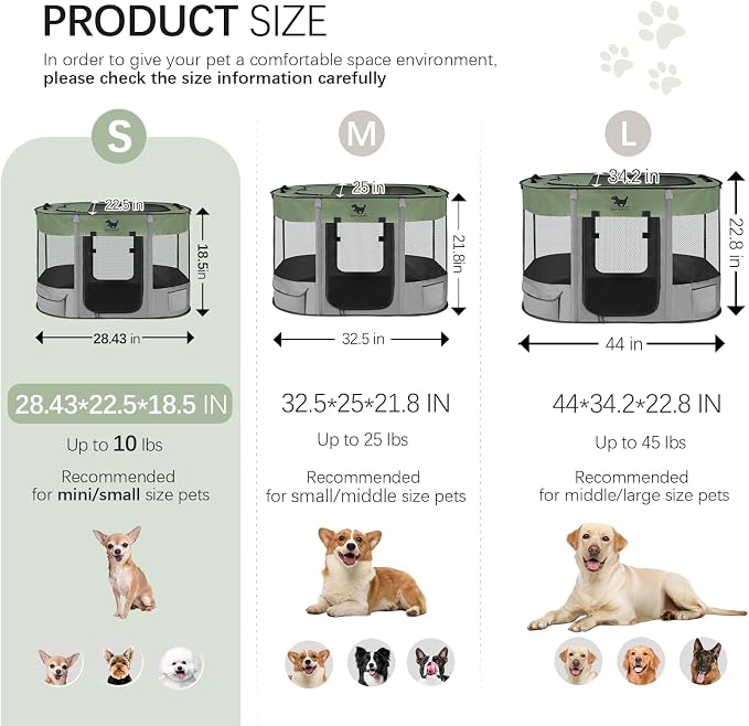 Dog Playpen, Foldable Kitten Playpen for Medium Dogs, Portable Pet Puppy Playpen with Removable Shade Cover, Indoor Outdoor Travel Camping Use for Small Pets with Carrying Case (S, Green)