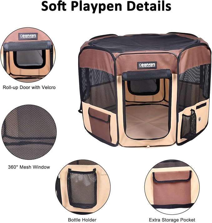 Jespet Soft Dog Playpen, Portable Pet Exercise Pen Kennel with Carry Bag | 2-Door, Easy to Fold, Ground Stakes, Zipper Locks, Large Storage Pocket, Washable Top Mesh Cover & Bottom Cover