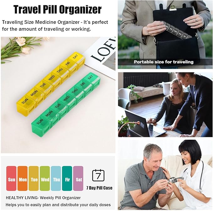 2 Pack Weekly Pill Organizer, Large 7 Day Travel Pill Case (Orange & Green) | Daily Vitamin Case Medicine Box, AM/PM Pill Containers Twice a Day for Medicine Supplements Fish Oil, Portable & Durable