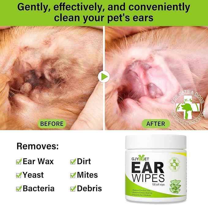 Dog Ear Wipes - Cat Dog Ear Cleaner, Puppy Ear Wipes Wash Cleaner for Dogs Cats - 100 Wipes for Dog Cat Ear Cleaning, Remove Ear Wax Dirt Debris for Dogs Cats Ear Infection Treatment Wipes