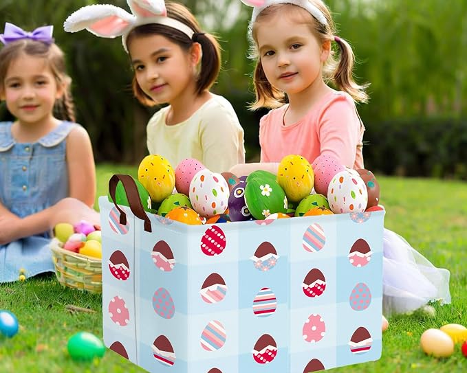 Large Rectangular Easter Baskets Empty Waterproof Boy Toy Box Foldable Kid's Gifts Storage Bin Spring Room Decor(Blue Checkered Egg)