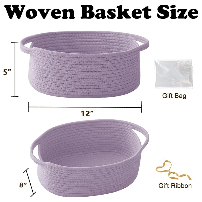 Purple Woven Rope Basket - Baby Gift Basket with Bag & Ribbon | Cotton rope with handle, 12x8x5 in, gift bag and ribbon, for baby shower, birthday, toy storage, nursery, shelf decor