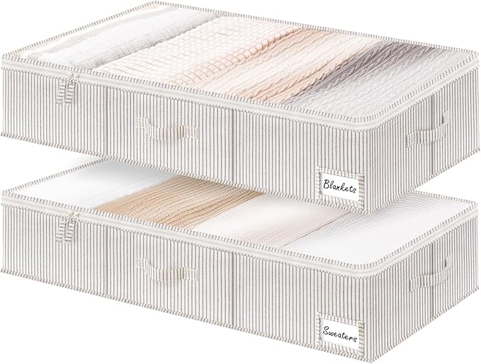 StorageWorks 7 Inch Low Profile Under Bed Storage Containers with Clear Lid | Reinforced Structure, Resists Sagging, Handles & Label Holder, Foldable Stackable Closet Storage for Clothes, Blankets, Toys