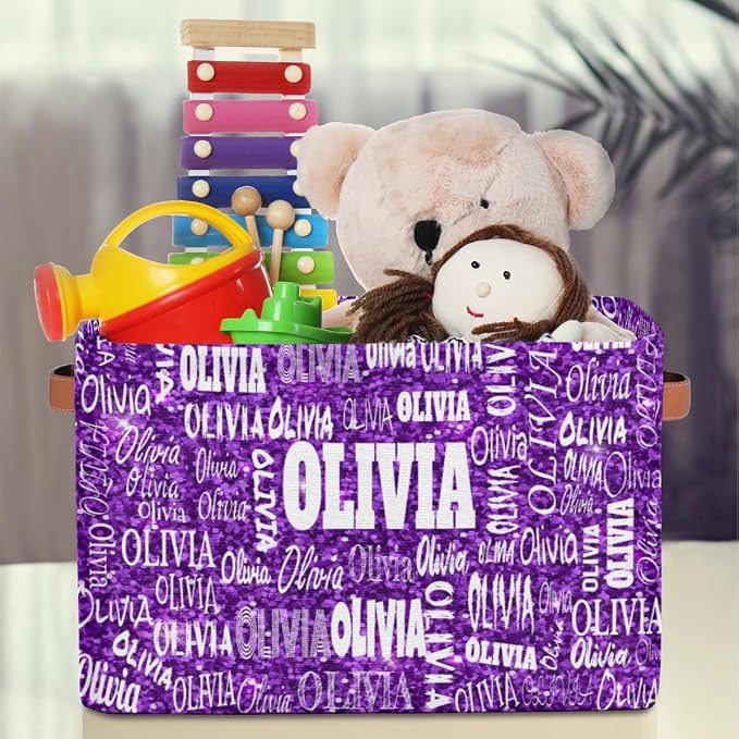Personalized Storage Bins, Bright Color Purple Sequins Pattern Print | Organizing Boys Girls Pets Toys Closet Shelf Clothes Books