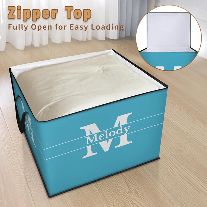 Custom Name Large Clothes Storage Organization with Lids, Bedding Clothes Towel Storage Bin Shelf Basket for Nursery, Gift Basket, Pet Basket, Lake Blue with Initial Letter