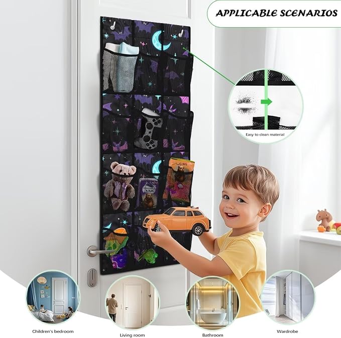 Halloween Bat Over the Door Shoe Organizer,Hanging Storage Bags with 12 Mesh Large Pockets,Behind Door Shoes Hang Holder Rack