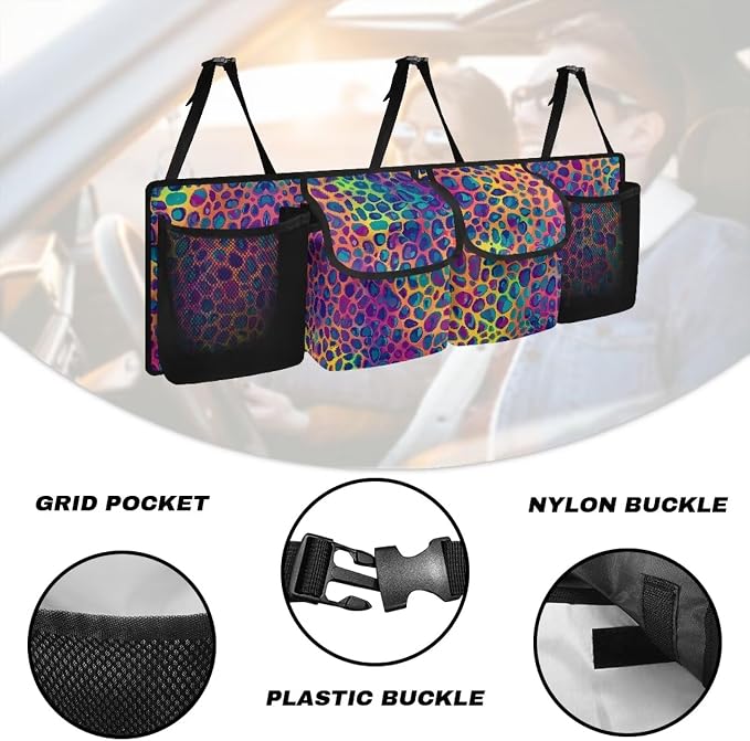 Dreaweet Rainbow Leopard Print Trunk Organizer for Car Women Collapsible Car Trunk Storage Organizer with 4 Pockets Backseat Hanging Organizer for SUV Truck Minivan Auto Accessories Interior