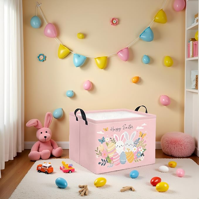 Rectangular Easter Basket for Home Kitchen Baby Girls Basket Cute Storage Bin Organizer Shelf Book Room Decor(Pink Easter)