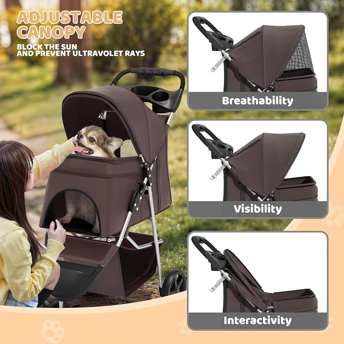 Magshion 3-Wheel Pet Stroller for Small/Medium Dogs & Cats, Up to 33lbs | Foldable Travel Jogger w/ Breathable Mesh Cover, Lightweight Design, Safety Tethers, Cup Holder & Storage Basket