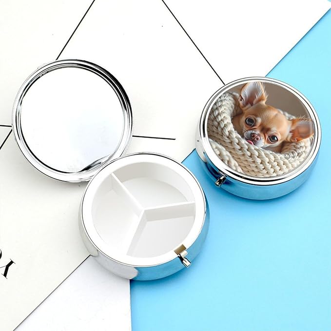 Cute Brown Chihuahua Metal Pill Organizer with Mirror, 3-Compartment Travel Pill Box, 2-Inch Round Pocket Medicine Case with Secure Latch, Portable Vitamin Holder for Women & Men