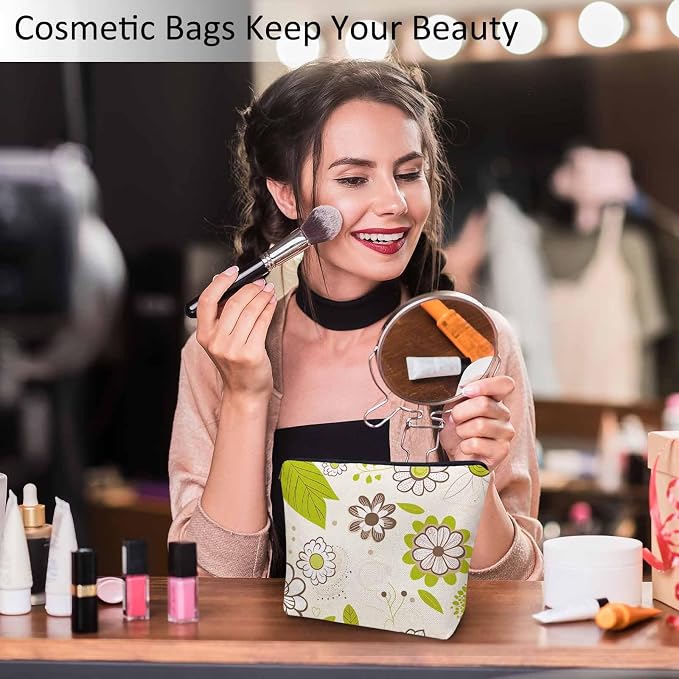 Floral Green Makeup Organizer Bag Cosmetic Bag For Men Women, Blossom Flower Orchard Flower Leaves Travel Toiletry Bag Flax Makeup Bags Purse Business Makeup Pouch For Toiletries Cosmetics