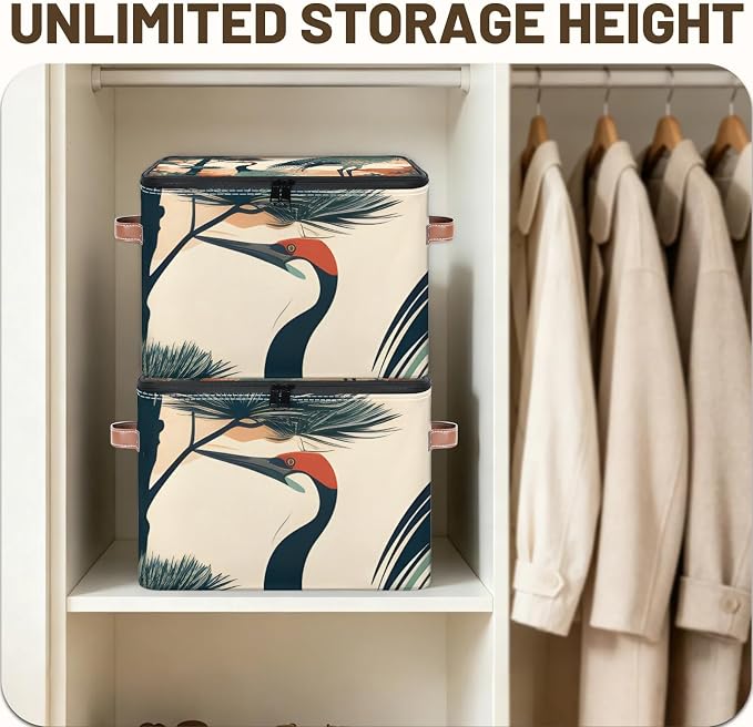 Crane Birds Foldable Storage Bin with Lid Zipper | Closet Shelf Organizer, Boxes, Basket Containers for Home, Lidded Storage Cube for Bedroom, Waterproof, with Handles