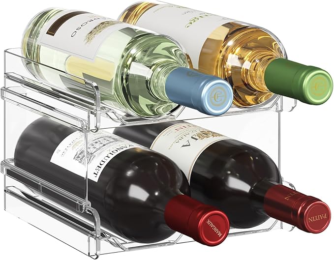Lifewit Stackable Wine Rack for Cabinet, Plastic Refrigerator Wine Holder | Clear Water Bottle Storage Rack for Fridge Shelf, Tumbler Cup Organizer Holds 4 Bottles for Countertop, Kitchen Organization