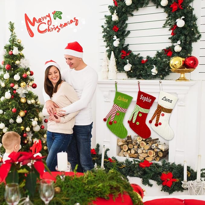Personalized Christmas Stockings, Custom Name Knit Scarf Christmas Stockings for Kids, 18" Large Xmas Stockings Hanging Ornament for Holiday Fireplace Decoration (3 Pcs)