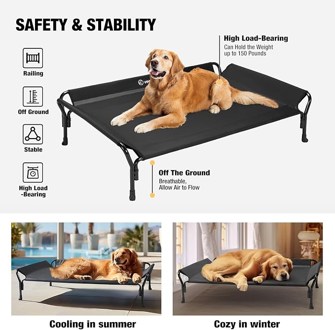 Veehoo Cooling Elevated Dog Bed, Raised Dog Cot with Guardrail & Headrest | Washable Dog Couch Bed for Indoor & Outdoor, Durable Breathable Teslin Mesh, Non-Slip Feet, Medium, 39.5" x 28", Black
