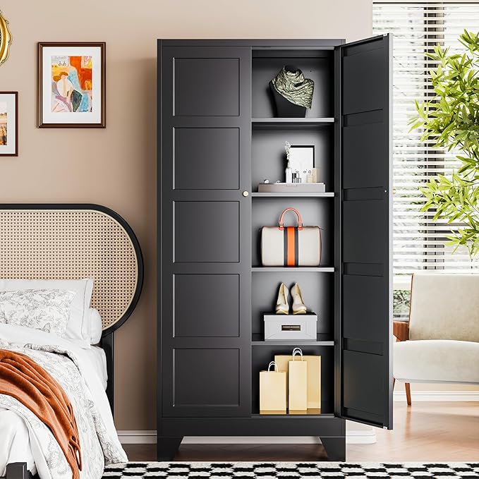 71" H Metal Storage Cabinet with 2 Doors and 4 Shelves,Tall Kitchen Pantry Cabinets,Utility Pantry Organizers for Cupboard/Dining/Bathroom/Home Office/Garage (Black, 71" H x 16" D x 32" W)