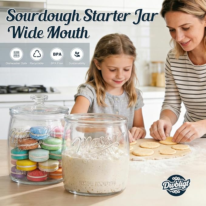 Cookie Jar with Airtight Lids, Half Gallon Wide Mouth Mason Jar | 2 Pack 64 Oz Glass Jar for Cookies, Candy, Flour, Dog Treats, Coffee, Laundry Room Storage & Pantry, Sourdough Starter Jar