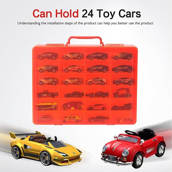 Toy Storage Organizer Case for Hot Wheels Car, for Matchbox Cars, for Mini Toys, for Small Dolls. Carrying Box Container Carrier with 24 Compartments (Box Only) (Red)