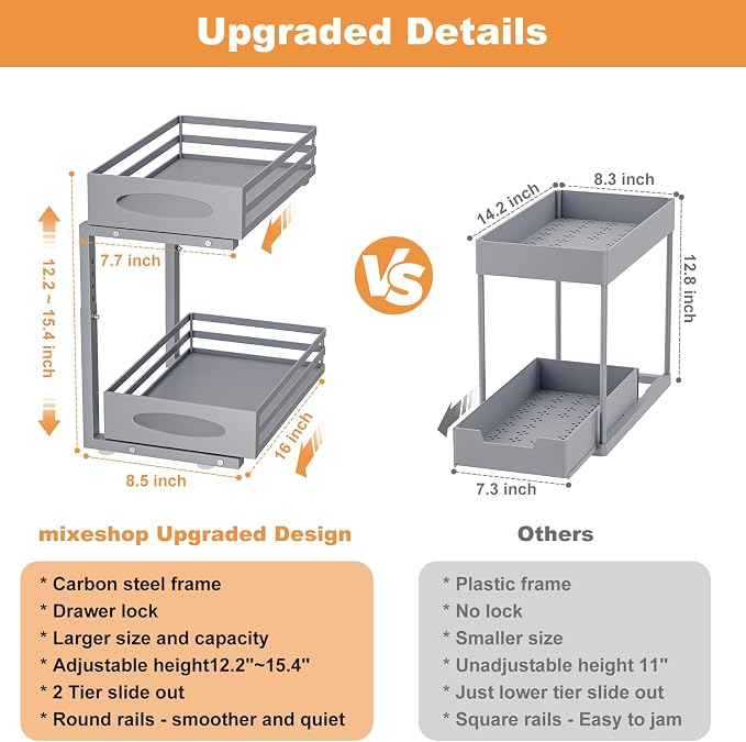 Under Sink Organizer, 2 Tier Under Sink Organizers and Storage, Adjustable Height, Slide out Metal Cabinet Organizers, Pull out Cabinet Storage Drawer Shelf for Kitchen Bathroom (Gray, 1 Pack)