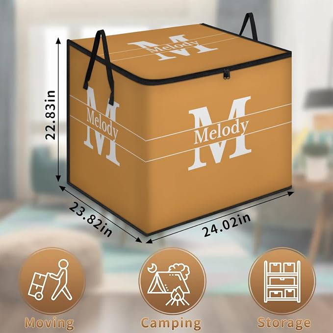 Custom Name Large Storage Bin with Lid, Personalized Storage Basket with Zippers for Organizing Comforters, Blankets, Bedding Closet Shelf Baskets, Orange with Initial Letter