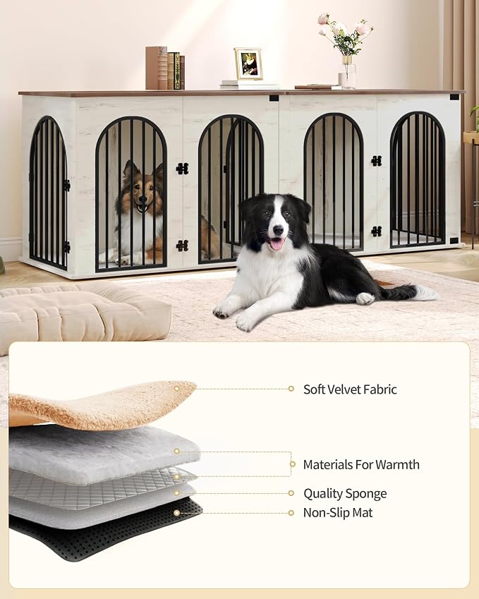 Hzuaneri 86.6" Double Dog Crate Furniture, Dog Kennel Indoor with Cushion | Heavy Duty Dog Crate Furniture for 2 Dogs,Dog Cage End Table TV Stand with Divider for Med-Large Dogs,White Brown DFC84014BV1