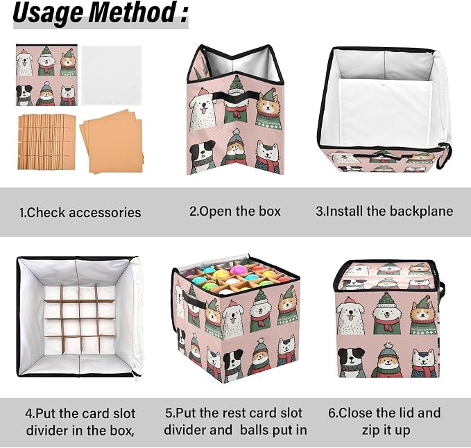 OTVEE Christmas Ornament Storage Box Holiday Decoration Organizer Stores upto 64 Holiday Ornaments Adjustable Dividers Tear-Proof Fabric Whimsical Pet Art