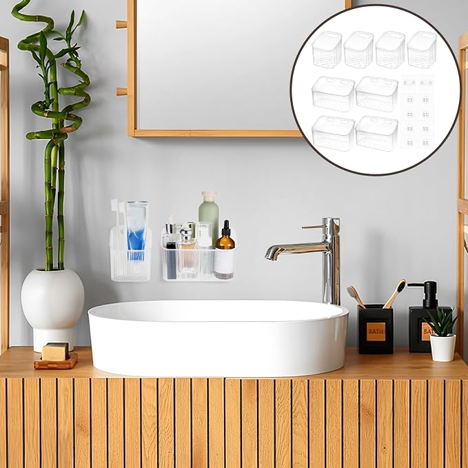 Clear Wall Basket, Wall Mounted Storage Bins, 8 Pcs | Plastic Cabinet Door Organizer Shower Caddy with Self-Adhesive Hanger, Containers Box for Bathroom Kitchen Pantry Countertop