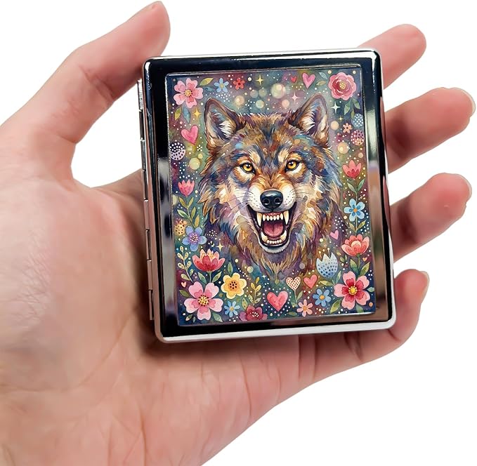 Weekly Pill Organizer, Metal Pill Box with 8 Compartments, Small Travel Pill Case for Purse Pocket, Medicine Vitamin Supplement Organizer (Floral Wolf)