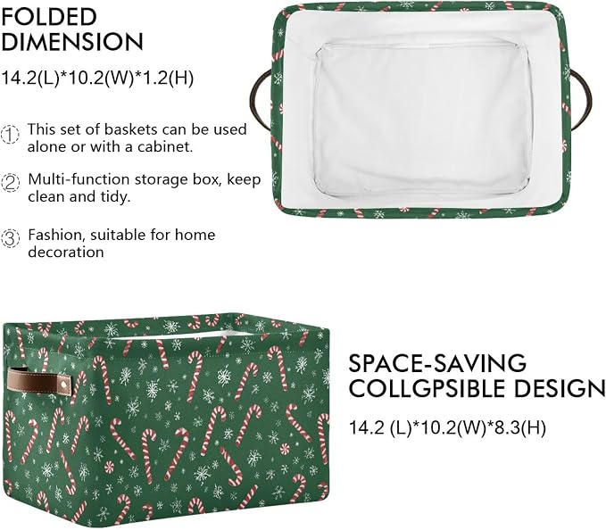 Wamika Christmas Green Storage Basket with Waterproof Liner and PU Handles Winter Candy Cane Snowflake Storage Boxes 14.2" Collapsible Decorative Organizer Baskets for Bedroom Closet Office 1 Pack