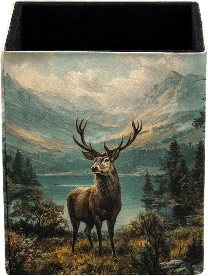 Retro Deer Pen Holder for Desk Decor, Rectangular PVC Leather Pencil Cup for Desk Pen Organizer, Makeup Brush Holder for School, Home, Office