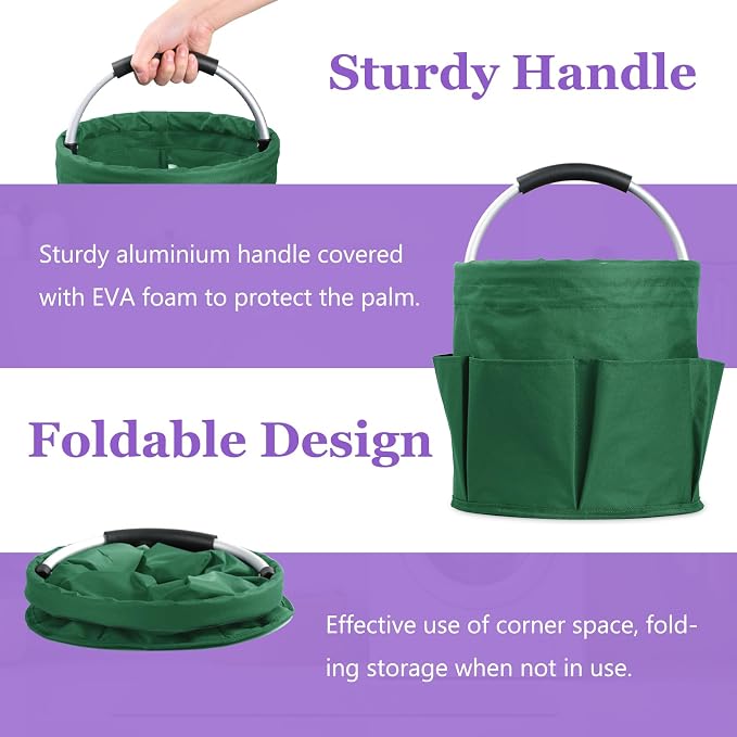 2-Pack Cleaning Supply Caddy with 6 Side Pockets, 17L Foldable Bucket Organizer Storage Tote with Handle, 600D Oxford Tool Bag for House, Dorm, Garden, Bathroom, Green